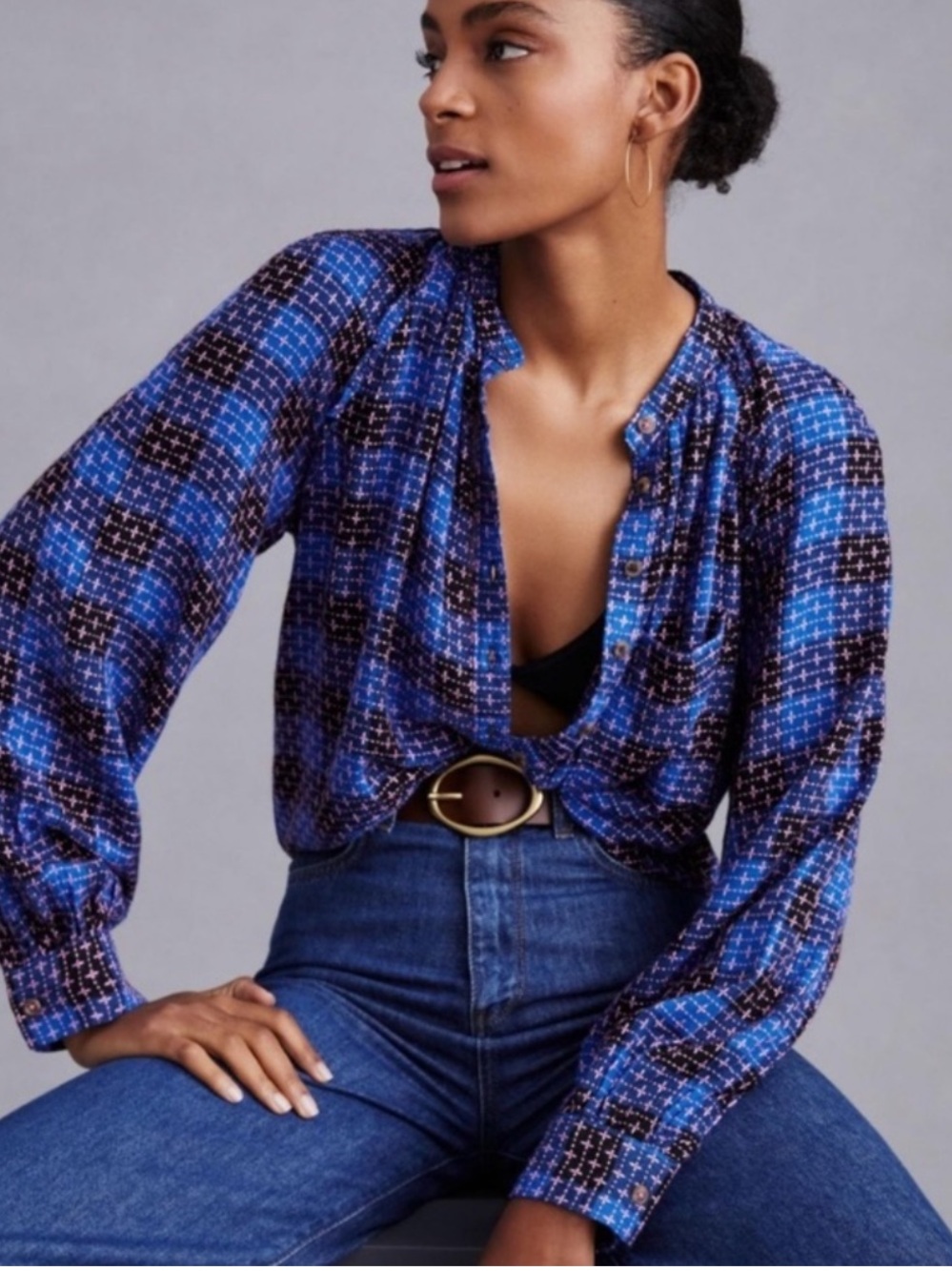 Anthropologie Pilcro Embroidered Plaid Button Up Blouse Blue Pink XS